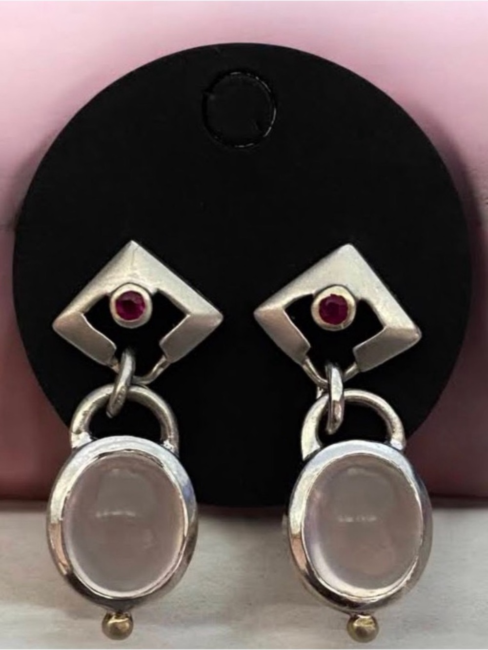 925 Sterling Silver Rose Quartz and Ruby dangle earrings